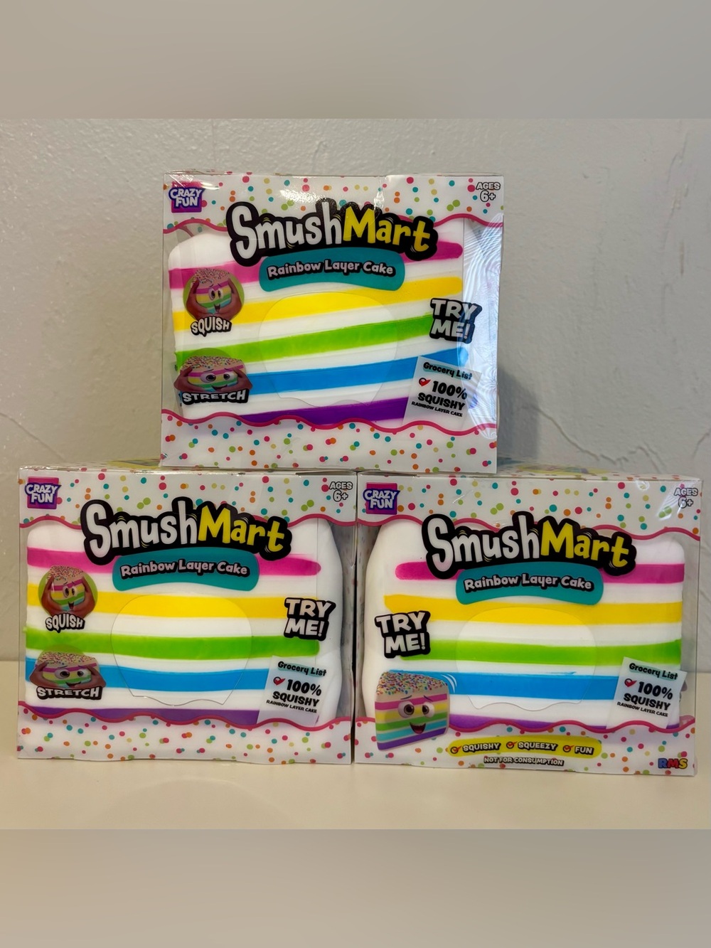 RMS CrazyFun SmushMart Rainbow Layer Cake Squishy Toy x3